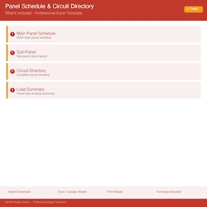 Könnte beinhalten: Eine rot-weiße Excel-Vorlage mit dem Titel "Panel Schedule & Circuit Directory". Die Vorlage enthält Abschnitte für Main Panel Schedule, Sub-Panel, Circuit Directory und Load Summary. Die Vorlage ist druckfertig und enthält Formeln.
