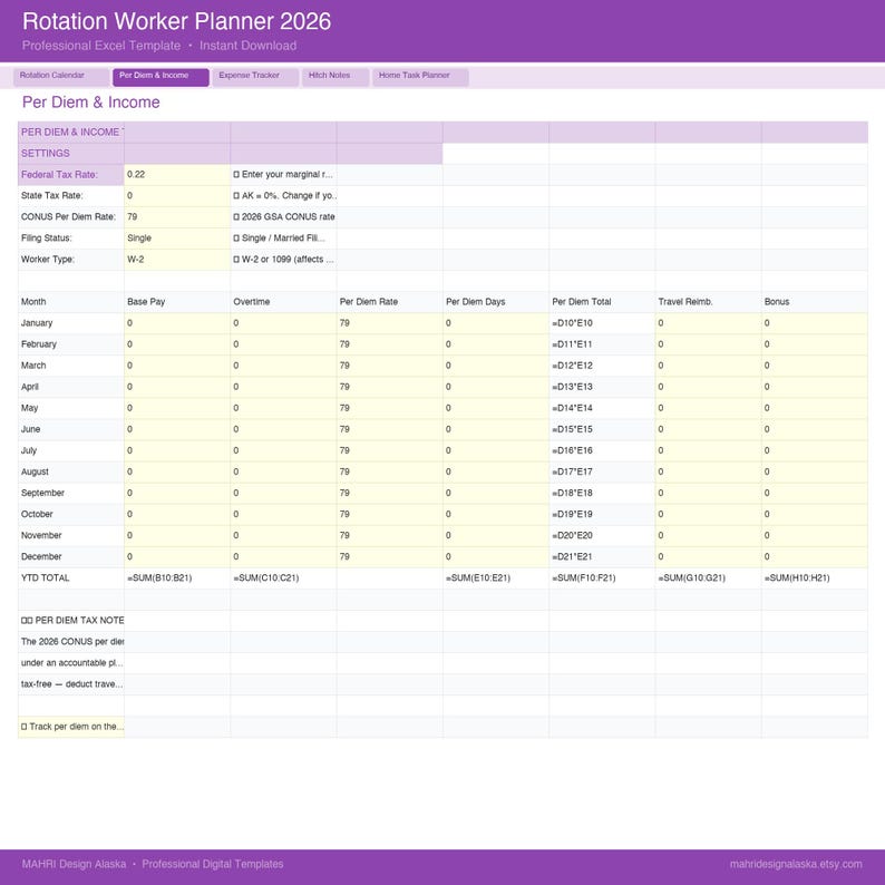 2026 Rotation Worker Planner | Excel Spreadsheet, per Diem Tracker ...