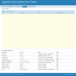 Peut inclure: Un mod&egrave;le Excel bleu et blanc intitul&eacute; "Apprentice Study Guide & Hour Tracker". Le document comprend des sections pour la pr&eacute;paration aux examens, les r&eacute;sultats des tests pratiques et les formules cl&eacute;s. Con&ccedil;u pour un usage professionnel et un t&eacute;l&eacute;chargement instantan&eacute;.