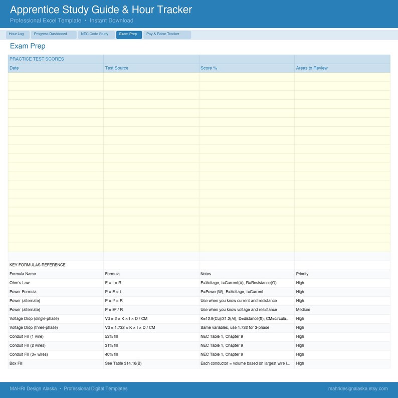 Peut inclure: Un mod&egrave;le Excel bleu et blanc intitul&eacute; "Apprentice Study Guide & Hour Tracker". Le document comprend des sections pour la pr&eacute;paration aux examens, les r&eacute;sultats des tests pratiques et les formules cl&eacute;s. Con&ccedil;u pour un usage professionnel et un t&eacute;l&eacute;chargement instantan&eacute;.
