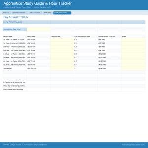 Peut inclure: Une feuille de calcul num&eacute;rique intitul&eacute;e "Apprentice Study Guide & Hour Tracker" avec un en-t&ecirc;te bleu. La feuille de calcul comprend des colonnes pour le taux horaire, la date d'effet et le revenu annuel. Le document est un mod&egrave;le Excel professionnel.