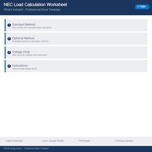 May include: A professional Excel template titled "NEC Load Calculation Worksheet." The blue and white document includes sections for standard and optional methods, voltage drop calculations, and instructions. It is designed for electrical load calculations.