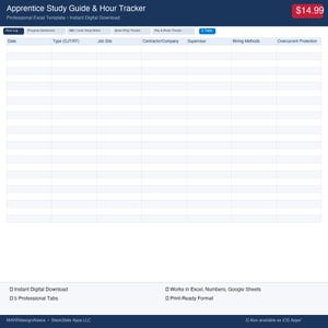 Peut inclure: Un mod&egrave;le num&eacute;rique intitul&eacute; "Apprentice Study Guide & Hour Tracker" avec un en-t&ecirc;te bleu. Le mod&egrave;le comprend des sections pour enregistrer les heures, suivre les progr&egrave;s et prendre des notes. Le prix est affich&eacute; dans un encadr&eacute; rouge. Des fonctionnalit&eacute;s suppl&eacute;mentaires sont list&eacute;es en bas.