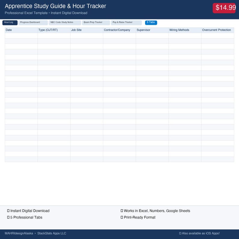 Peut inclure: Un mod&egrave;le num&eacute;rique intitul&eacute; "Apprentice Study Guide & Hour Tracker" avec un en-t&ecirc;te bleu. Le mod&egrave;le comprend des sections pour enregistrer les heures, suivre les progr&egrave;s et prendre des notes. Le prix est affich&eacute; dans un encadr&eacute; rouge. Des fonctionnalit&eacute;s suppl&eacute;mentaires sont list&eacute;es en bas.