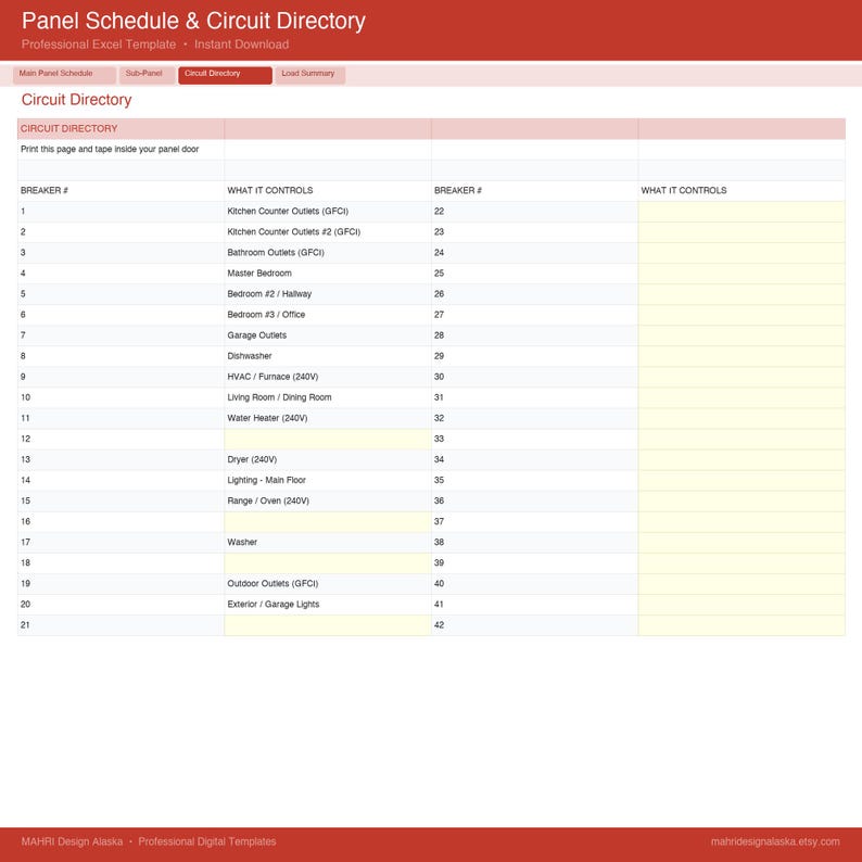 Electrical Panel Schedule Template | Circuit Directory Excel XLSX ...