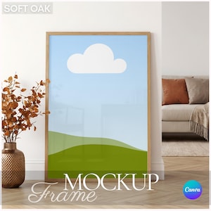 May include: A wooden framed art print mockup with a blue sky, white cloud, and green landscape design. The words "MOCKUP Frame" are at the bottom of the frame. A decorative vase with dried branches is to the left of the frame.