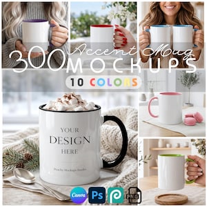 May include: A collection of white ceramic mugs with colored interiors and handles, featuring the text Accent Mug MOCKUPS 10 COLORS and YOUR DESIGN HERE. The mugs are displayed in various settings, some filled with whipped cream and toppings.