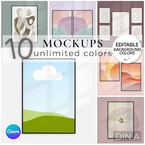 Può includere: Una collezione di mockup di arte incorniciati con vari design. L'arte comprende forme astratte, disegni a tratteggio di figure e sfondi in stile acquerello. Il testo sull'immagine recita "10 MOCKUPS colori illimitati" e "COLORI DI SFONDO MODIFICABILI". Un logo Canva è visibile.