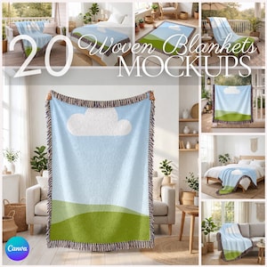 Può includere: Mockup di coperta tessuta con sfondo azzurro, una nuvola bianca e colline verdi. La coperta ha un bordo con frange ed è mostrata in vari contesti, tra cui un letto e un portico. È visibile anche il testo "20 Woven Blankets Mockups".