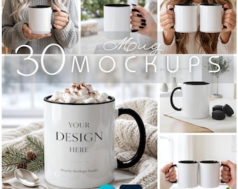 Black Accent Mug Mockup - 11oz Mug mockup -  30 Minimal Mug Mockup Bundle, Canva &PSD files