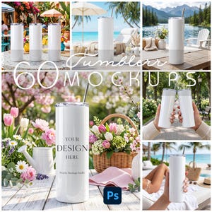 May include: A collection of white cylindrical tumblers with metal straws, displayed in various outdoor settings including a beach, a garden, and a lakeside. The central tumbler features the text 'YOUR DESIGN HERE' and 'Peachy Mockups Studio'.