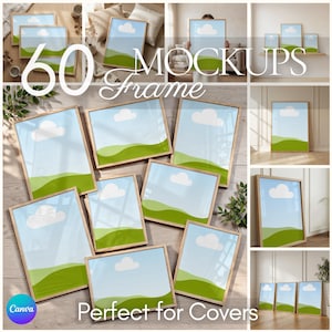 May include: A collection of framed art mockups with a landscape design featuring a blue sky, white clouds, and green hills. The frames are light brown. Text on the image reads "60 Mockups Frame" and "Perfect for Covers."