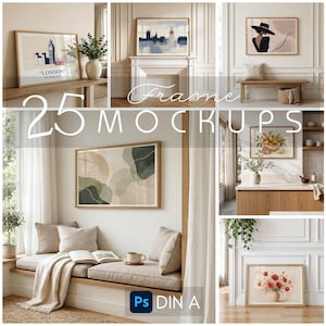 Può includere: Una collezione di mockup di arte incorniciata, che mostra vari design in un ambiente domestico. L'immagine presenta più stampe incorniciate con diversi stili artistici, tra cui paesaggi urbani, design astratti e composizioni floreali. Il testo "25 Frame Mockups" è visibile.