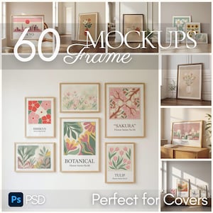 Mockup di cornici / Mockup di cornici minimaliste bianche PSD, Smart Object / 60 mockup di galleria perfetti per copertine