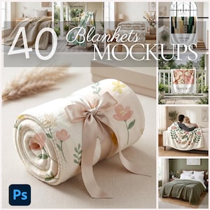 Könnte beinhalten: Eine gerollte Blumendecke, gebunden mit einem Satinband. Die Decke hat rosa und gelbe Blumenmuster. Das Bild enthält auch den Text "40 Blankets Mockups" und ein "Ps"-Logo.
