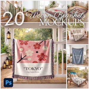 May include: A collection of woven blanket mockups. The main image features a pink and white blanket with a floral design and the word "TOKYO". Other blankets are shown draped over furniture, with various patterns and colors, including floral and geometric designs.