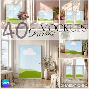 May include: A collection of framed art mockups featuring a landscape design with a blue sky, white cloud, and green hills. The image includes the text "40 Mockups Frame" and "Shabby Chic". The Canva logo is also visible.