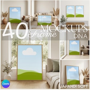 May include: A collection of framed art mockups with a minimalist design. Each frame features a landscape scene with a blue sky, white cloud, and green hills. The text "40 Mockups Frame" and "Japandi Soft" are visible.