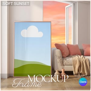 Mockup woonkamerframe met drag-and-drop: warm terracotta zonsondergang en zacht avondlicht | Mockup bewerkbare canvas kunst aan de muur