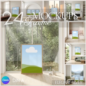 May include: A wooden-framed art print featuring a blue sky with a white cloud and green hills. The image is displayed in a bright room with a large window. The text "24 Mockups Frame" is visible.