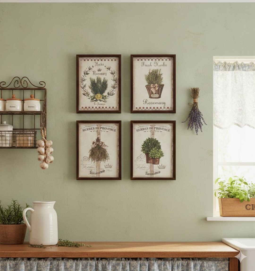 French Country Herb Botanical Art Prints, Farmhouse Kitchen Decor, Set ...