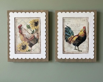Farmhouse rooster Wood Art Duo,  Cottage Wall Decor French country set of 2 (10”x8”)