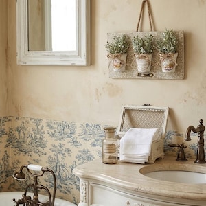 May include: A bathroom scene with a white framed mirror, a decorative wall hanging with three small potted plants, and a vintage-style vanity with a sink and faucet. The wall has a toile wallpaper.