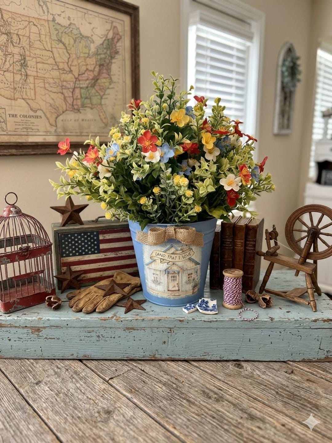 Americana Decor Floral Arrangement Primitive Farmhouse Decor Vintage ...