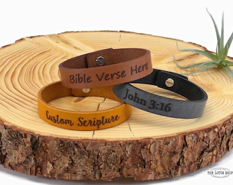 Mens Custom Baptism Bracelet Available in Multiple Colors & Fonts, Engraved Leather Bracelet Personalized Scripture Bracelet w/ Post Closure