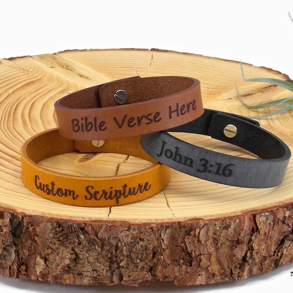 Mens Custom Baptism Bracelet Available in Multiple Colors & Fonts, Engraved Leather Bracelet Personalized Scripture Bracelet w/ Post Closure