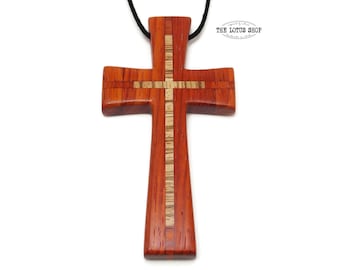 Pectoral Cross, Large Wooden Cross Necklace Handmade from Paduak & African Zebrawood on Black Waxed Cotton Cord, Extra Large Cross Pendant