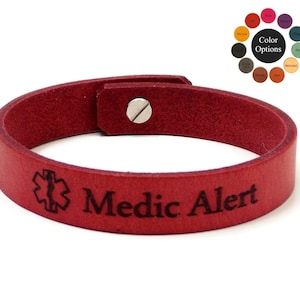 Medical ID Bracelet for Women or Men, Customized Leather Bracelet w/ Medic Alert Symbol, Multiple Colors & Fonts Available, Allergy Bracelet