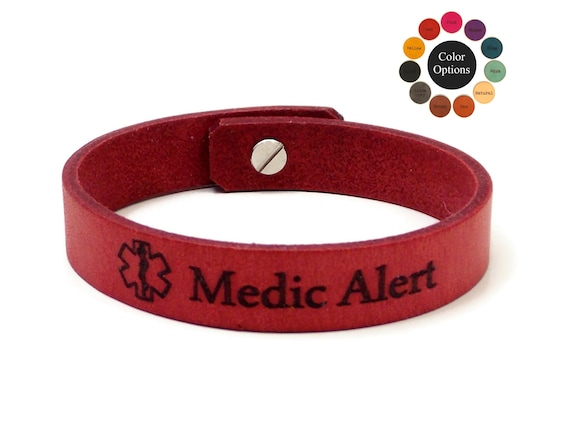 Medical ID Bracelet for Women or Men, Customized Leather Bracelet w/ Medic Alert Symbol, Multiple Colors & Fonts Available, Allergy Bracelet