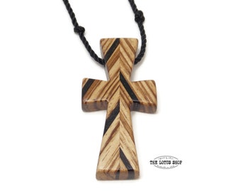 Carved Wood Cross Pendant, Wooden Cross Necklace Handmade from Zebrawood & Ebony Woods Strung on Black Nylon Cord, Unique Christian Necklace