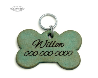 Dog Name Tags for Medium to LARGE Dogs, Silent Dog Tags for Dogs Engraved on Leather in your Choice of Dye Color and Font, Quiet Dog Tag