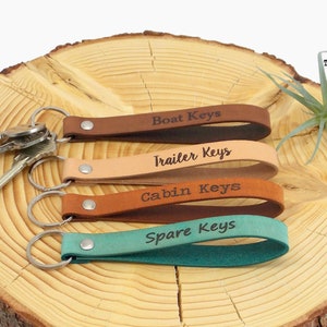 Leather Key Strap Personalized in your Choice of Color & Font, Spare Keys, Trailer Keys, Cabin Keys, Boat Keychain, Custom Leather Keychain