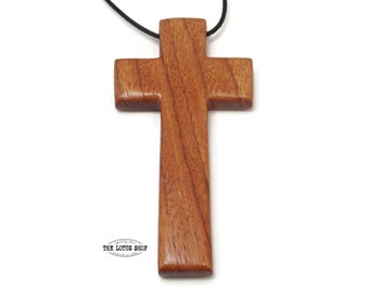 Large Cross Necklace Handmade from Ebiara Wood on Black Waxed Cotton Cord, Carved Large Cross Pendant, Special Pastor Gift or Minister Gift