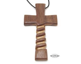 Large Spiral Cross Pendant Handmade from Walnut and Zebrawood, Large Wooden Cross Necklace, Mens Pectoral Cross Necklace, Unique Pastor Gift