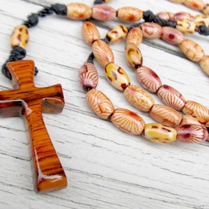 Carved Wooden Cross in Chestnut & Paduak, Handmade Wooden Cross Necklace  With Knotted Black Nylon Cord, Adjustable Length, Wood Cross Gift 