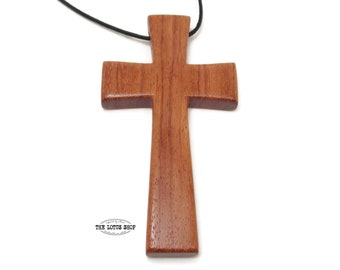 Large Cross Necklace Handmade from Ebiara Wood aka Red Zebrawood on Black Waxed Cotton Cord, Carved Large Cross Pendant, Special Pastor Gift