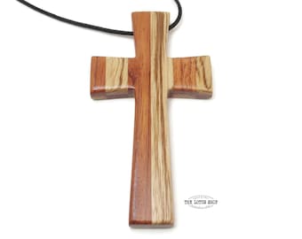 Large Cross Necklace Handmade from Ebiara Wood with Zebrawood on Black Waxed Cotton Cord, Large Cross Pendant, Pastor Gift or Minister Gift