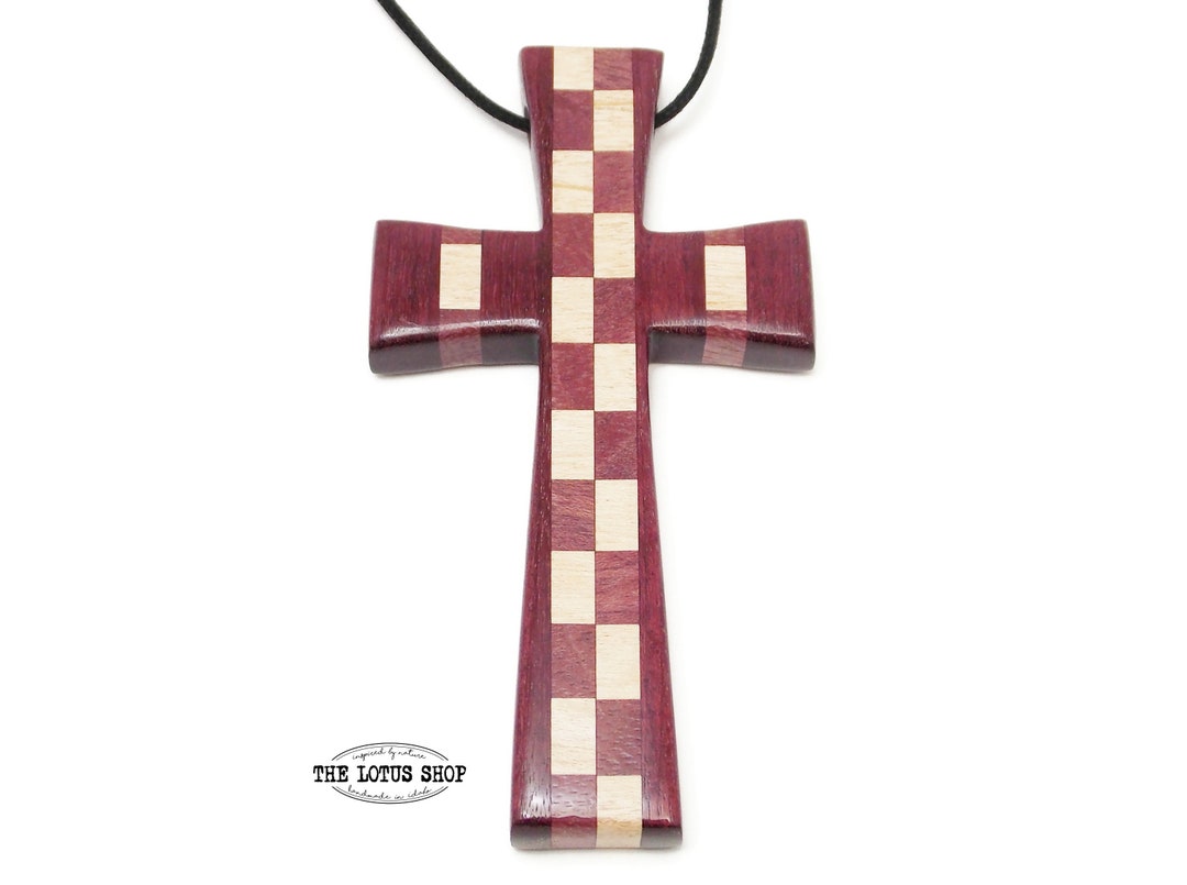 Large Carved Wooden Cross Necklace, Extra Large Cross Pendant Handmade From Purpleheart & Maple