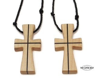 Matched Set Cross Necklaces in Maple & Ebony Woods, Wooden Cross Necklace Gift Set with Hand Knotted Black Nylon Cord, Adjustable Length