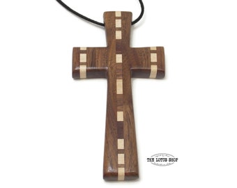 Handmade Large Cross Necklace Carved from Maple & Walnut Woods Strung on Waxed Cotton Cord, Extra Large Cross Pendant, Unique Pastor Gift