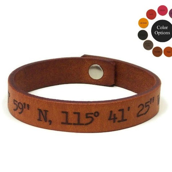 Personalized Coordinates Bracelet w/ Snap Closure Engraved w/ your Latitude Longitude Coordinates, Multiple Colors & Fonts, Coordinates Gift