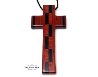 Large Wooden Cross Necklace Made from Bloodwood & Ebony Woods on Black Waxed Cotton Cord, Pectoral Cross, Mens Cross Necklace, Pastor Gift