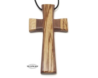 Handmade Extra Large Cross Necklace Carved from Walnut & Zebrawood Strung on Waxed Cotton Cord, Unique Large Cross Pendant, Pectoral Cross