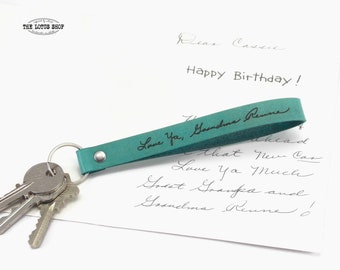 Leather Key Fob Handwriting Gift, Actual Handwriting Engraved from Loved Ones Signature, Leather Keyring Sympathy Gift, Multiple Dye Colors