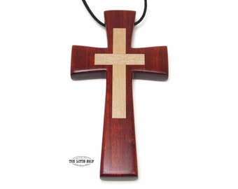Pectoral Cross, Large Wooden Cross Necklace Made from Bloodwood & Maple Woods on Black Waxed Cotton Cord, Mens Cross Necklace, Pastor Gift