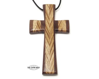 Handmade Extra Large Cross Necklace Carved from Walnut & Zebrawood Strung on Waxed Cotton Cord, Unique Large Cross Pendant, Pectoral Cross